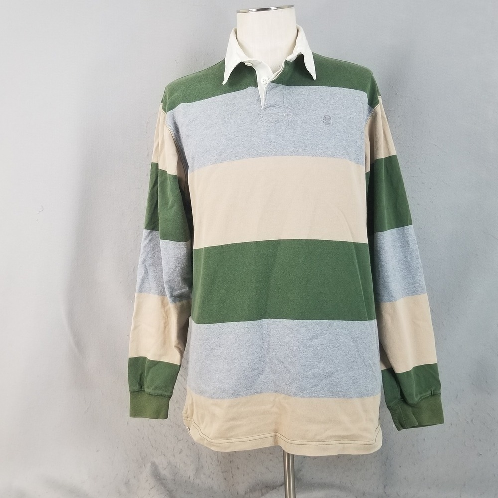 IZOD Rugby Polo Mens Large Green Grey Tan Striped Long Sleeve Heavy Cotton Shirt